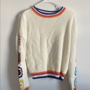 Colorful Knit Sweater with Embroidered Sleeves